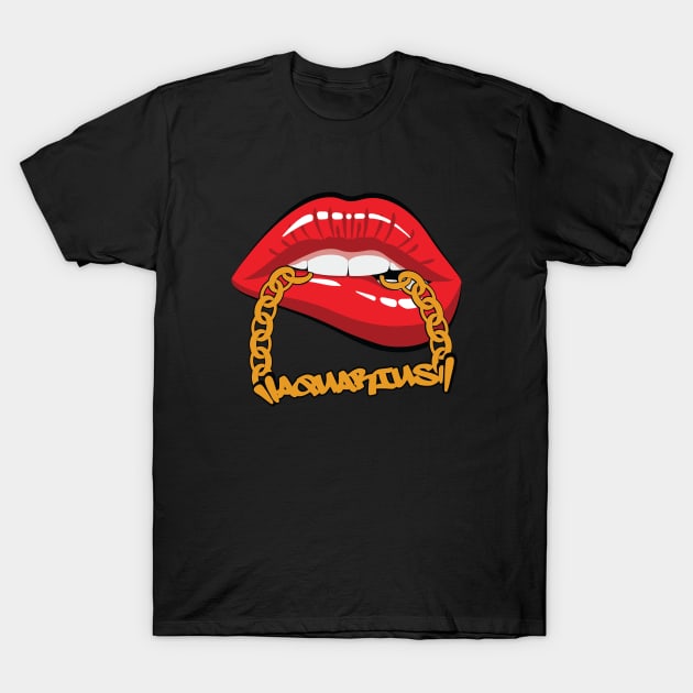 Aquarius Zodiac Birthday Lips Gold Chains T-Shirt by ssflower